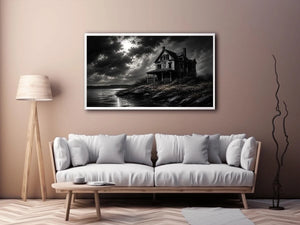 Black and white painting of a haunted house by a lake under a stormy sky