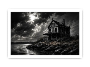 Black and white painting of a haunted house by a lake under a stormy sky