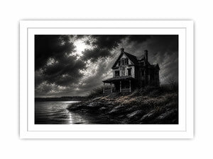 Black and white painting of a haunted house by a lake under a stormy sky