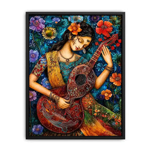 Bohemian floral musician wall art with colorful guitar and whimsical folk art details