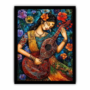 Bohemian floral musician wall art with colorful guitar and whimsical folk art details
