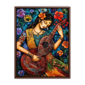 Bohemian floral musician wall art with colorful guitar and whimsical folk art details