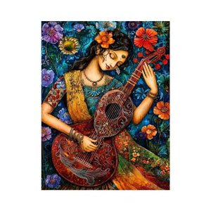 Bohemian floral musician wall art with colorful guitar and whimsical folk art details