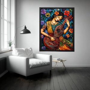 Bohemian floral musician wall art with colorful guitar and whimsical folk art details