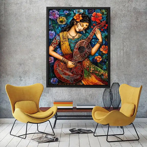 Bohemian floral musician wall art with colorful guitar and whimsical folk art details