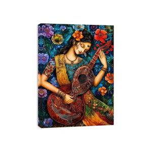 Bohemian floral musician wall art with colorful guitar and whimsical folk art details