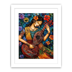 Bohemian floral musician wall art with colorful guitar and whimsical folk art details