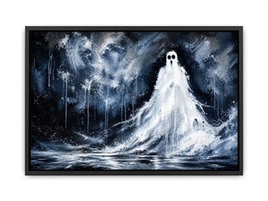 Haunting ghost wall art with eerie monochrome textures and dark gothic horror atmosphere