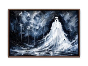 Haunting ghost wall art with eerie monochrome textures and dark gothic horror atmosphere