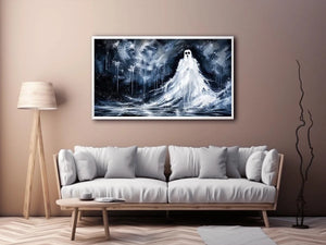 Haunting ghost wall art with eerie monochrome textures and dark gothic horror atmosphere