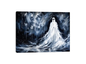 Haunting ghost wall art with eerie monochrome textures and dark gothic horror atmosphere