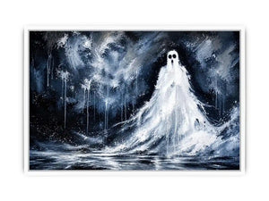 Haunting ghost wall art with eerie monochrome textures and dark gothic horror atmosphere