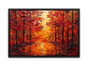Vibrant autumn forest wall art with glowing orange trees and reflective woodland landscape