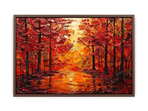 Vibrant autumn forest wall art with glowing orange trees and reflective woodland landscape