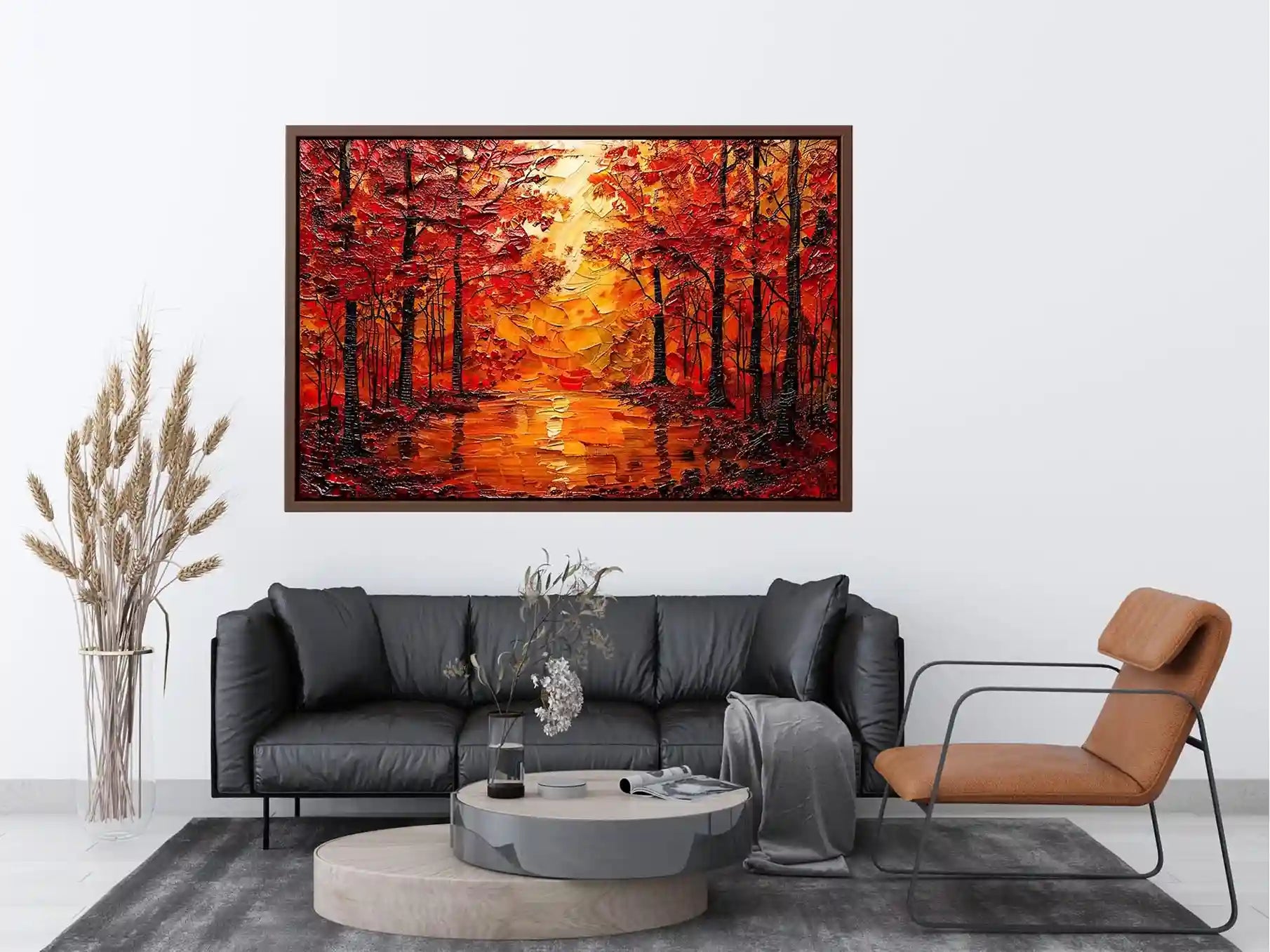 Vibrant autumn forest wall art with glowing orange trees and reflective woodland landscape