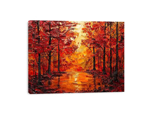 Vibrant autumn forest wall art with glowing orange trees and reflective woodland landscape