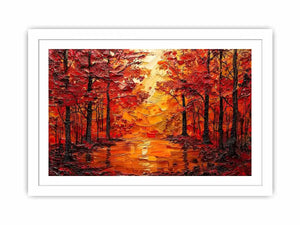 Vibrant autumn forest wall art with glowing orange trees and reflective woodland landscape