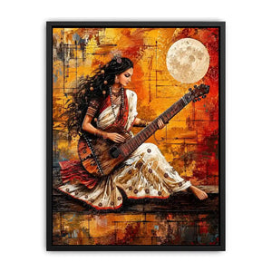 Indian woman musician wall art with traditional instrument and vibrant bohemian artistic background