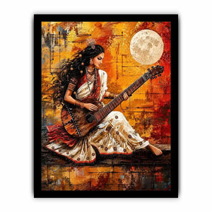 Indian woman musician wall art with traditional instrument and vibrant bohemian artistic background