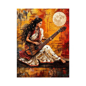 Indian woman musician wall art with traditional instrument and vibrant bohemian artistic background