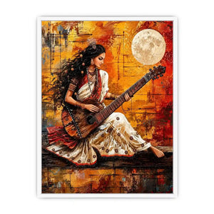 Indian woman musician wall art with traditional instrument and vibrant bohemian artistic background