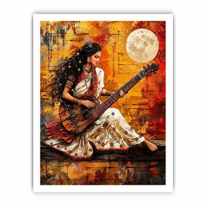 Indian woman musician wall art with traditional instrument and vibrant bohemian artistic background