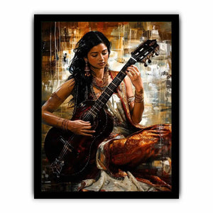 Indian woman guitarist wall art with traditional jewelry and rich bohemian artistic textures