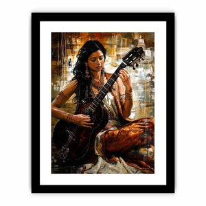 Indian woman guitarist wall art with traditional jewelry and rich bohemian artistic textures