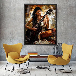 Indian woman guitarist wall art with traditional jewelry and rich bohemian artistic textures