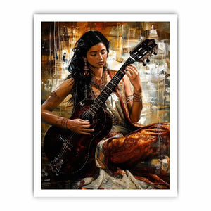 Indian woman guitarist wall art with traditional jewelry and rich bohemian artistic textures