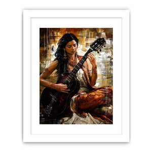 Indian woman guitarist wall art with traditional jewelry and rich bohemian artistic textures