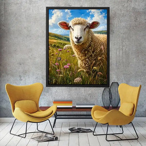Peaceful sheep meadow wall art with wildflowers and soft countryside farmhouse landscape