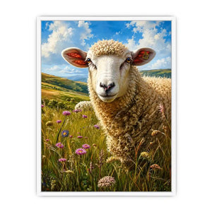 Peaceful sheep meadow wall art with wildflowers and soft countryside farmhouse landscape