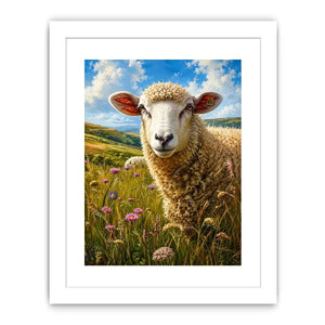 Peaceful sheep meadow wall art with wildflowers and soft countryside farmhouse landscape