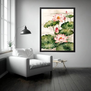Minimal lotus flower wall art with soft watercolor petals and elegant zen botanical composition
