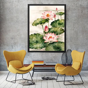 Minimal lotus flower wall art with soft watercolor petals and elegant zen botanical composition
