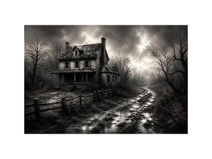 Black and white painting of an abandoned farmhouse with foggy rural landscape