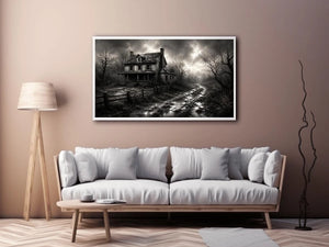 Black and white painting of an abandoned farmhouse with foggy rural landscape