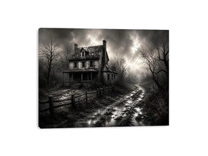 Black and white painting of an abandoned farmhouse with foggy rural landscape