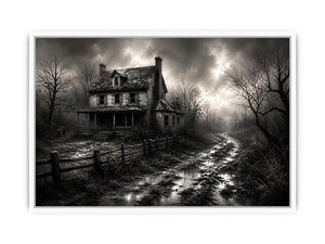 Black and white painting of an abandoned farmhouse with foggy rural landscape