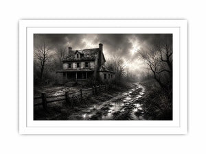 Black and white painting of an abandoned farmhouse with foggy rural landscape