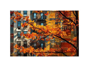 Modern autumn city wall art with vibrant orange leaves and layered urban architecture backdrop