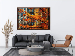 Modern autumn city wall art with vibrant orange leaves and layered urban architecture backdrop