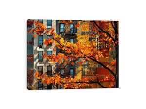 Modern autumn city wall art with vibrant orange leaves and layered urban architecture backdrop