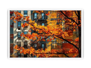 Modern autumn city wall art with vibrant orange leaves and layered urban architecture backdrop