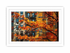 Modern autumn city wall art with vibrant orange leaves and layered urban architecture backdrop