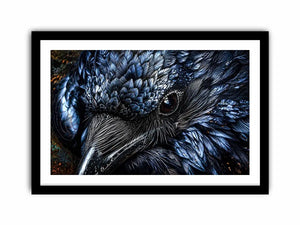 Dark raven wall art with intricate black feather textures and moody gothic atmosphere