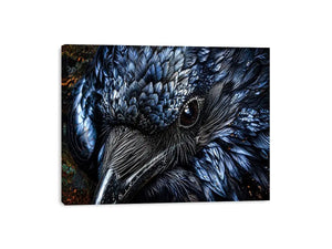 Dark raven wall art with intricate black feather textures and moody gothic atmosphere