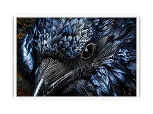 Dark raven wall art with intricate black feather textures and moody gothic atmosphere