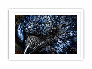 Dark raven wall art with intricate black feather textures and moody gothic atmosphere